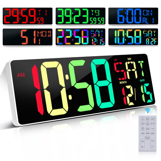 Large Digital Wall Clock Large Display 17.2" Big Digital Timer with 9 Groups Timer Remote Control for Gym Classroom 10 Colors Available for LED Wall Clock with Temperature Date Week DST Dynamic RGB