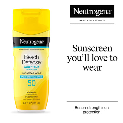 Neutrogena Sunscreen Lotion Beach Defense SPF 50, Face and Body Sunscreen, Hawaii Reef Act 104 Compliant, Octinoxate & Oxybenzone Free, Oil Free, Fast Absorbing Sun Care, 6.7 fl oz