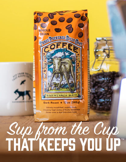 Raven's Brew Coffee Three Peckered Billy Goat, 12 Ounce - Dark Roast - Full Body with a Long Sweet Finish (Whole Bean, 12 oz)