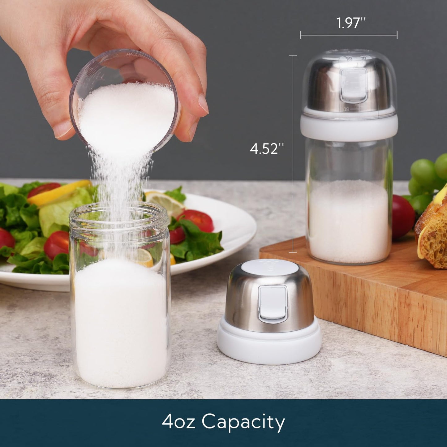KTCHENDAO 2 in 1 Glass Salt Shaker with Side Pour Spout, Built-in Lid to Slow Down Dampness with Mearsuring Marks, Elegant Borosilicate Glass Salt Dispenser for Kitchen, BPA Free, 4oz (White)