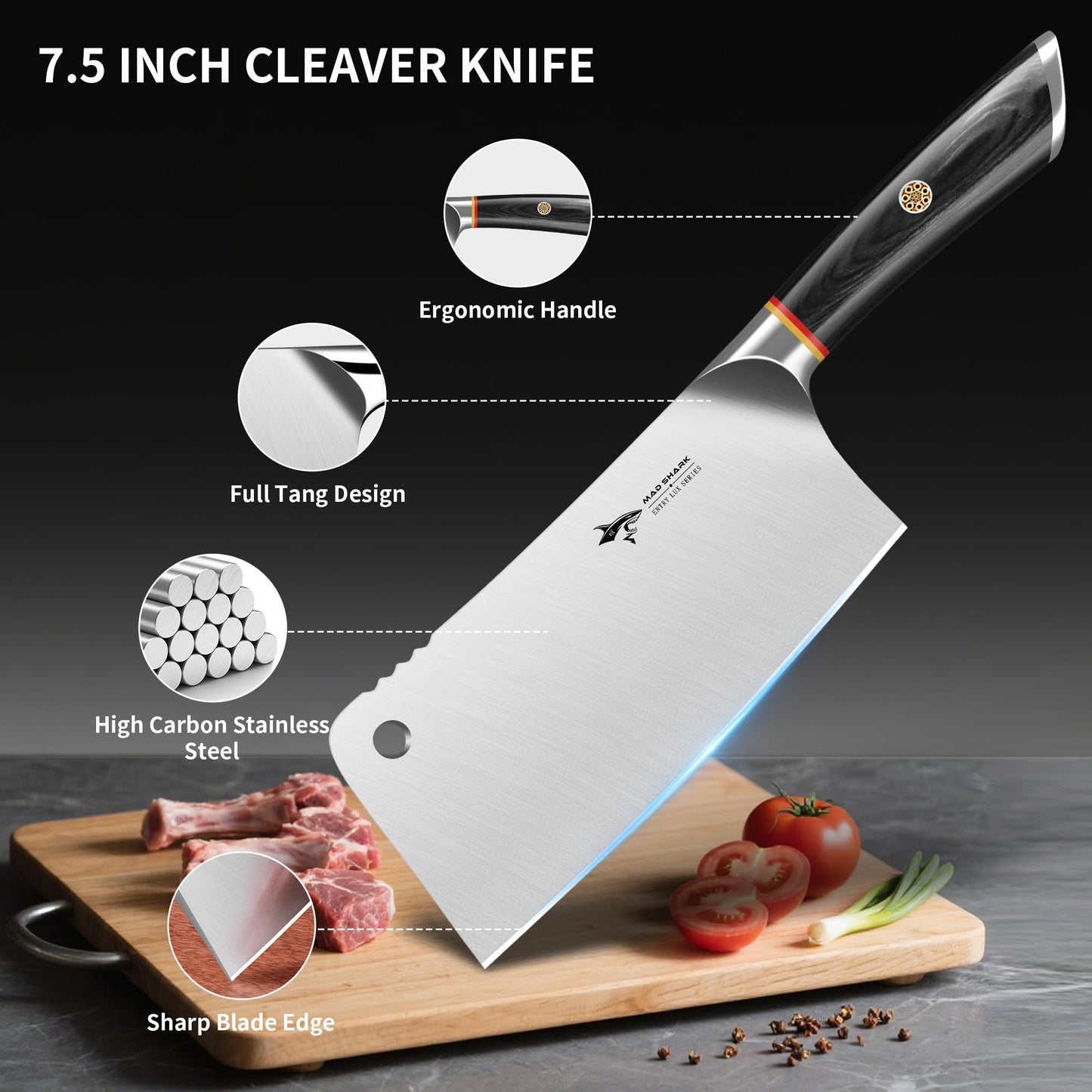MAD SHARK Meat Cleaver, Professional 7.5 Inch Bone Chopping Butcher Knife with Heavy Duty Blade, German Military Grade Composite Steel, Chinese Chef's Bone Cutting Knife for Home Kitchen & Restaurant