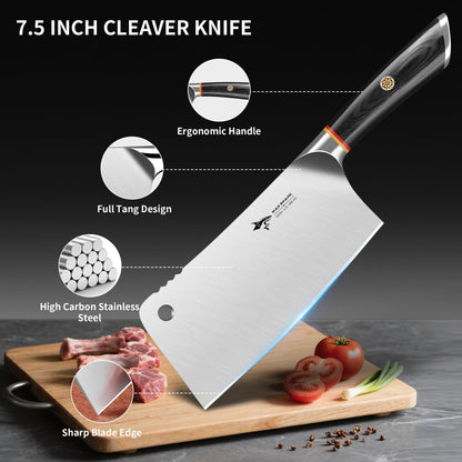 MAD SHARK Meat Cleaver, Professional 7.5 Inch Bone Chopping Butcher Knife with Heavy Duty Blade, German Military Grade Composite Steel, Chinese Chef's Bone Cutting Knife for Home Kitchen & Restaurant