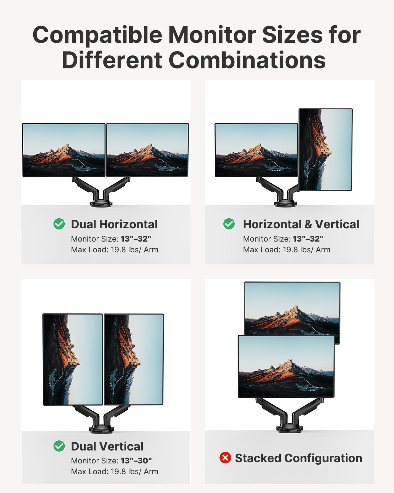 HUANUO Dual Monitor Stand - Full Adjustable Monitor Desk Mount Swivel Vesa Bracket with C Clamp, Grommet Mounting Base for 13 to 32 Inch Computer Screens - Each Arm Holds 4.4 to 19.8lbs