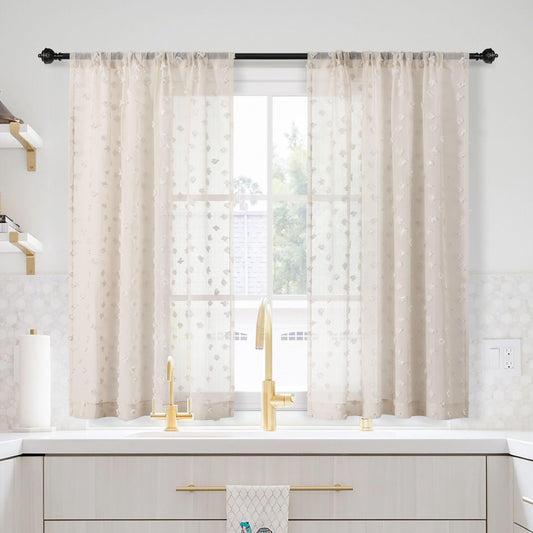 MYSKY HOME Pom Pom Short Curtains 45 inch Length for Kitchen Bedroom Light Filtering Semi-Sheer Curtains for Nursery Girls Kids Room Boho Rod Pocket Voile Draperies, Wood Beige, 37 x 45 inch, 2 Panels