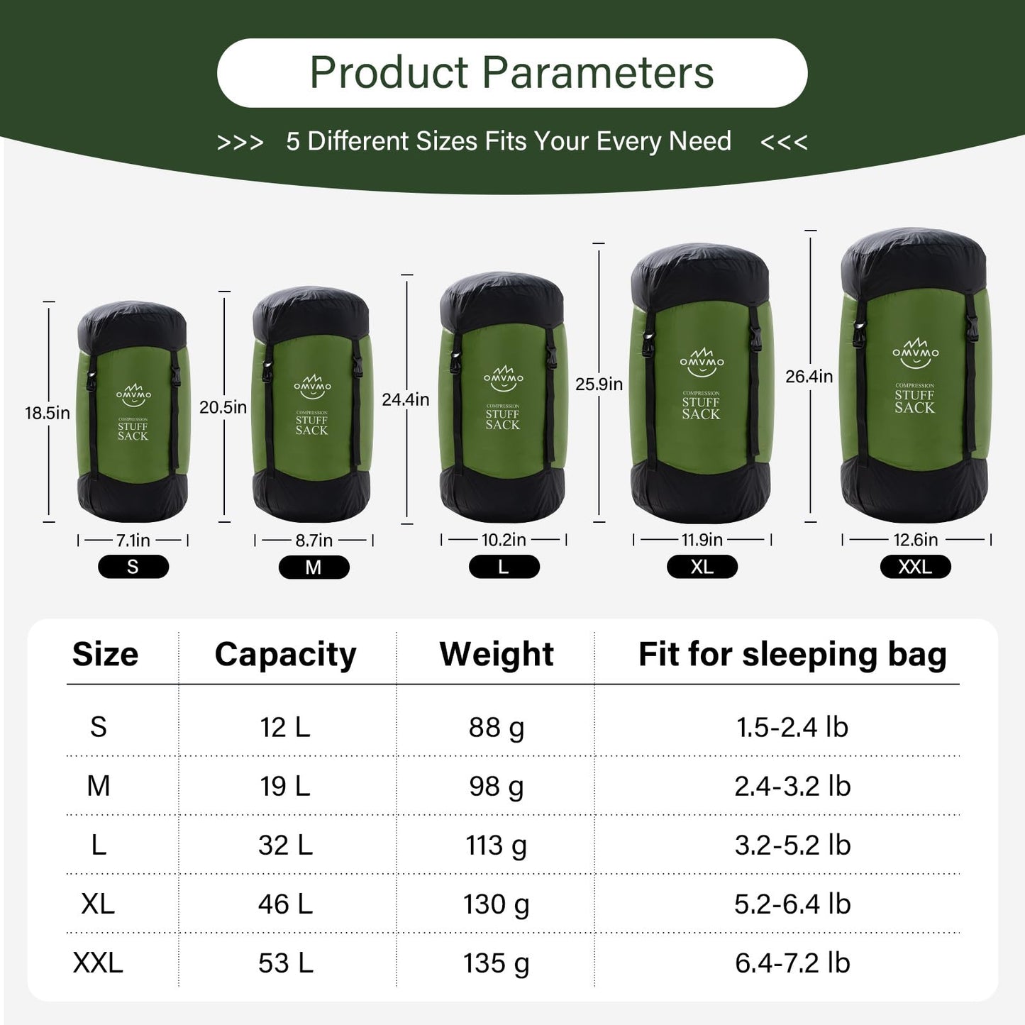 OMVMO Sleeping Bag Stuff Sack, 11L/18L/30L/45L/52L Water-Resistant Compression Sack,Anti-Tear Ultra Light Nylon Storage Bag，Black/Yellow/Orange/Dark Blue/Dark Green/Sky Blue (Dark Green, XXL/53L)