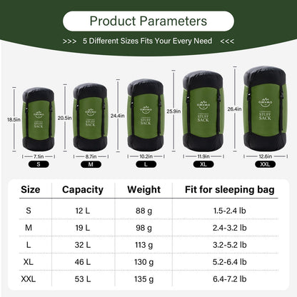 OMVMO Sleeping Bag Stuff Sack, 11L/18L/30L/45L/52L Water-Resistant Compression Sack,Anti-Tear Ultra Light Nylon Storage Bag，Black/Yellow/Orange/Dark Blue/Dark Green/Sky Blue (Dark Green, XXL/53L)