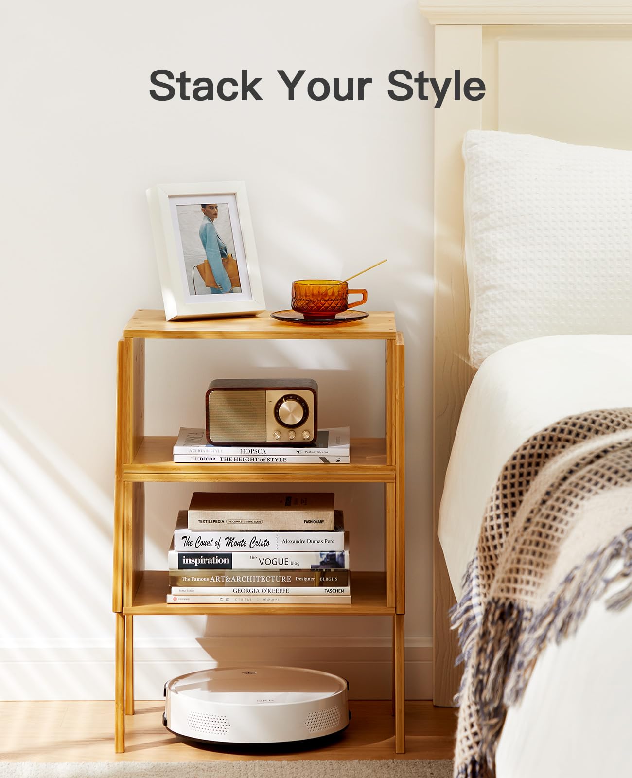 Pipishell Bamboo Stackable End Tables, Wood Living Room Nightstand, Bedside Tables for Bedroom Storage, Set of 2