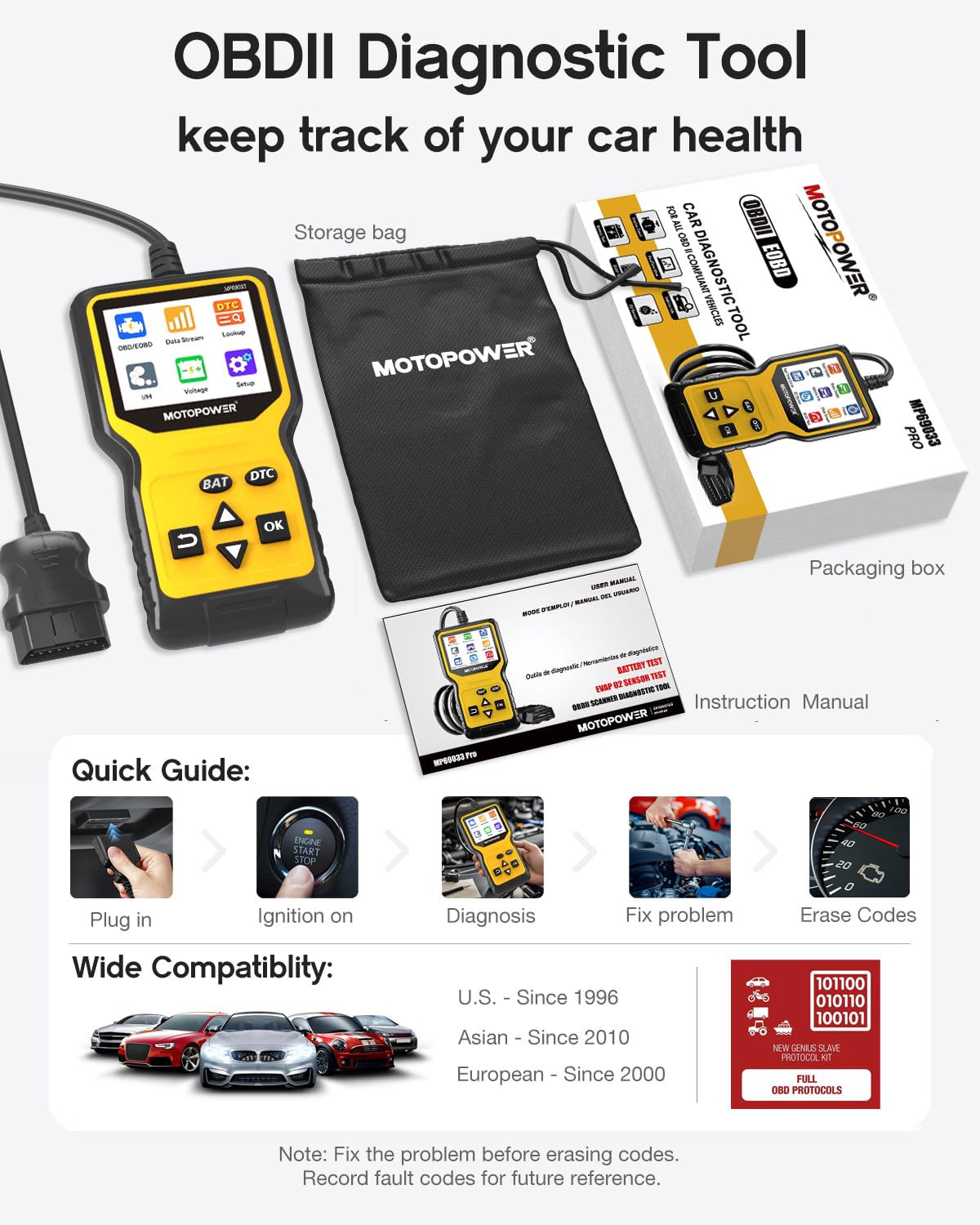 MOTOPOWER MP69033 Pro OBD2 Scanner Code Reader Check Engine Fault Light Diagnostic Scan Tool with Battery Tester