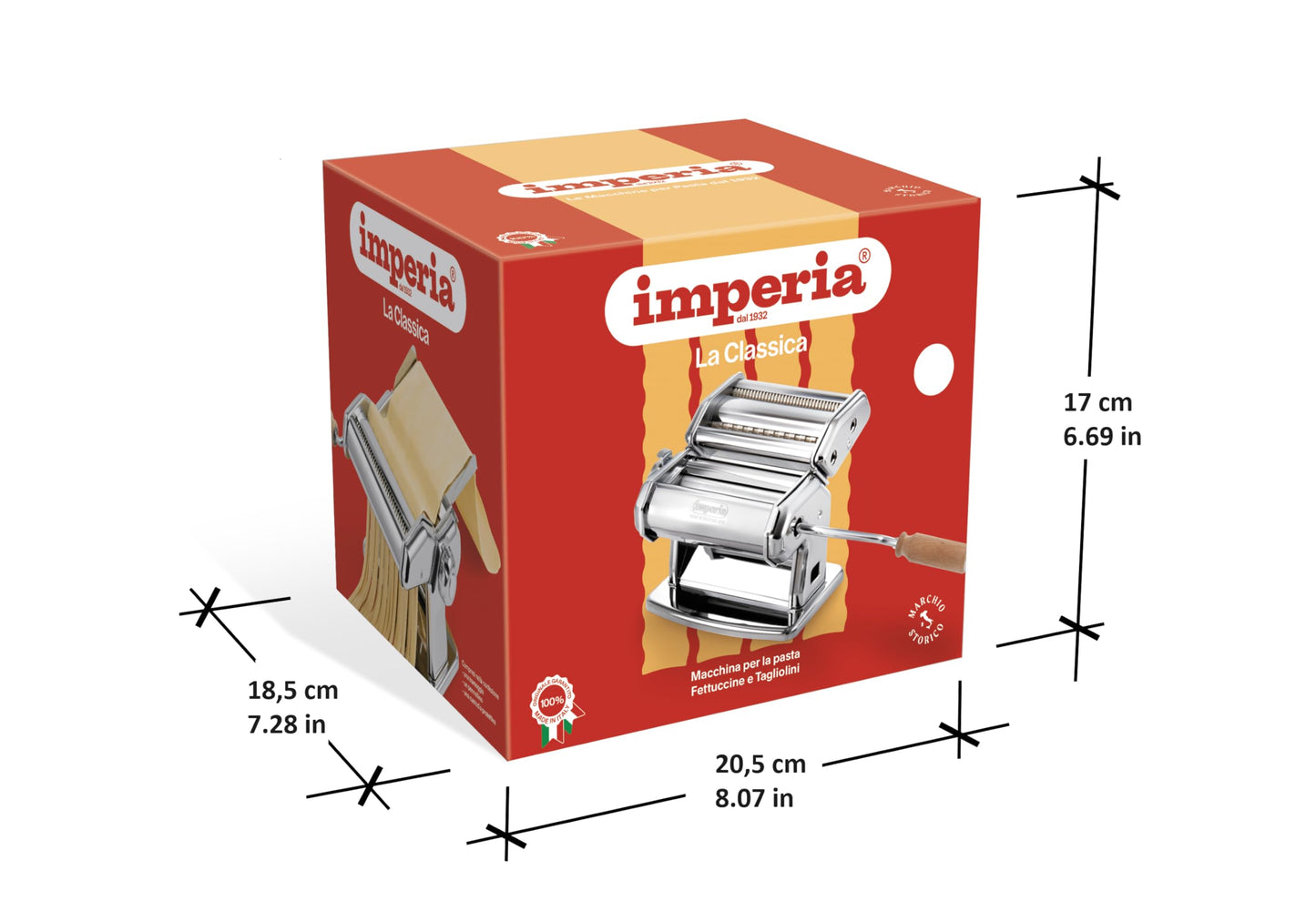 Imperia Pasta Maker Machine- 100% Made in Italy, Heavy Duty Steel Construction, Easy Lock Dial, Wood Grip Handle & Cleaning Brush- Fresh Homemade Italian Spaghetti Fettuccine or Lasagna (Classic Line)