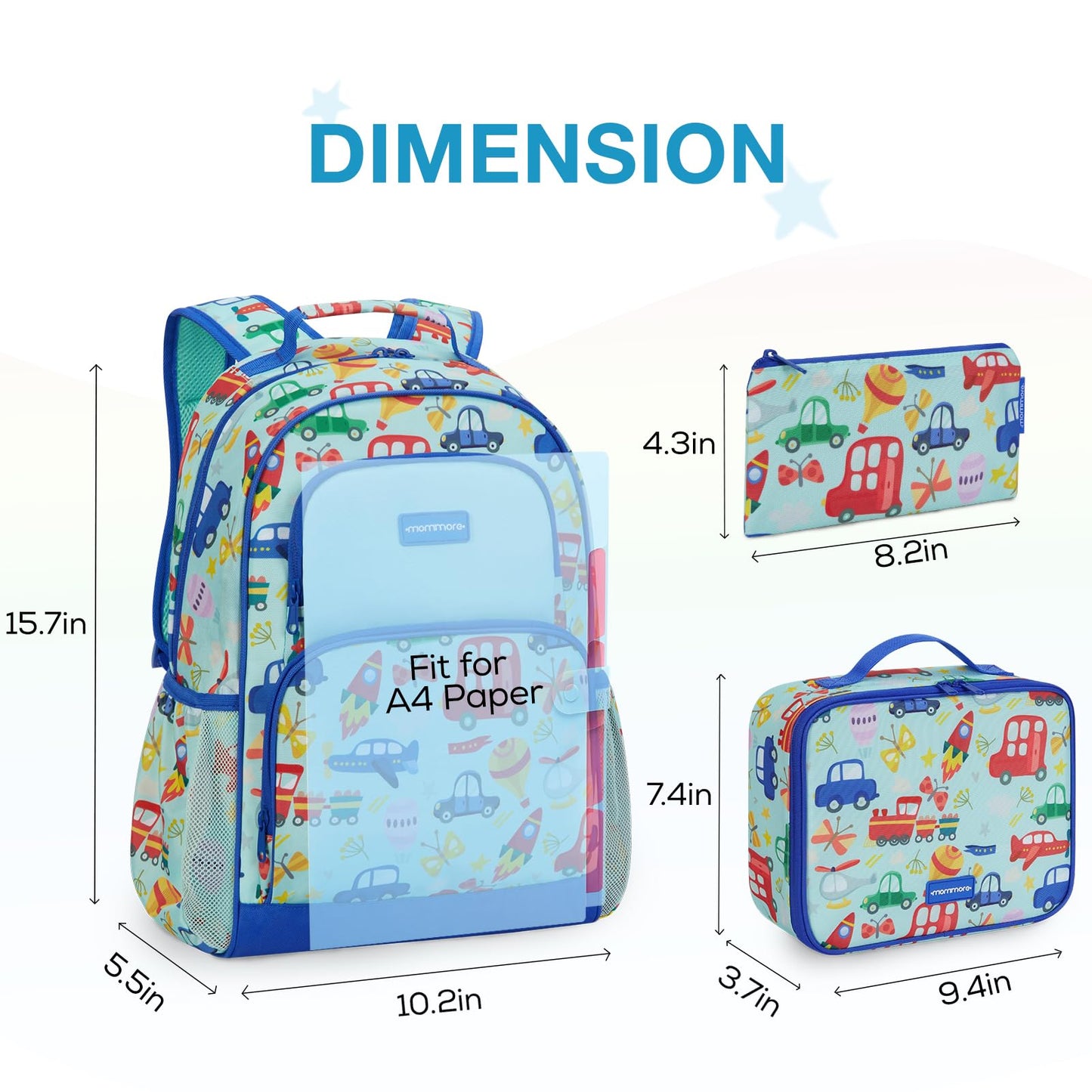 mommore Kids Backpack Set, Lightweight School Backpack for Kids Elementary Car Bookbag for Students with Chest Strap Water Resistant,3pcs blue