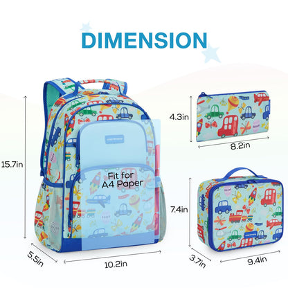 mommore Kids Backpack Set, Lightweight School Backpack for Kids Elementary Car Bookbag for Students with Chest Strap Water Resistant,3pcs blue