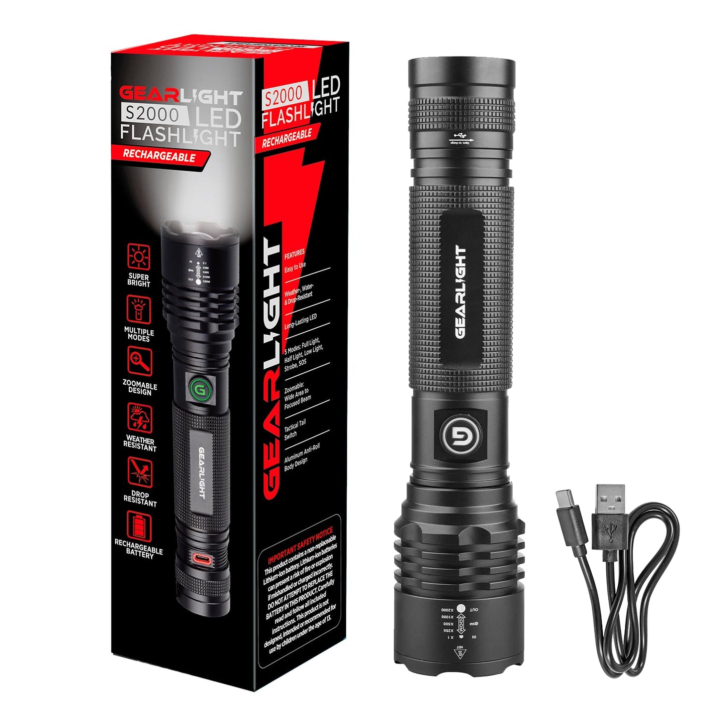 GearLight S2000 LED Rechargeable Flashlight High Lumens - Super Bright, Powerful, Mid-Size Tactical Flashlight for Outdoor Activity & Emergency Use