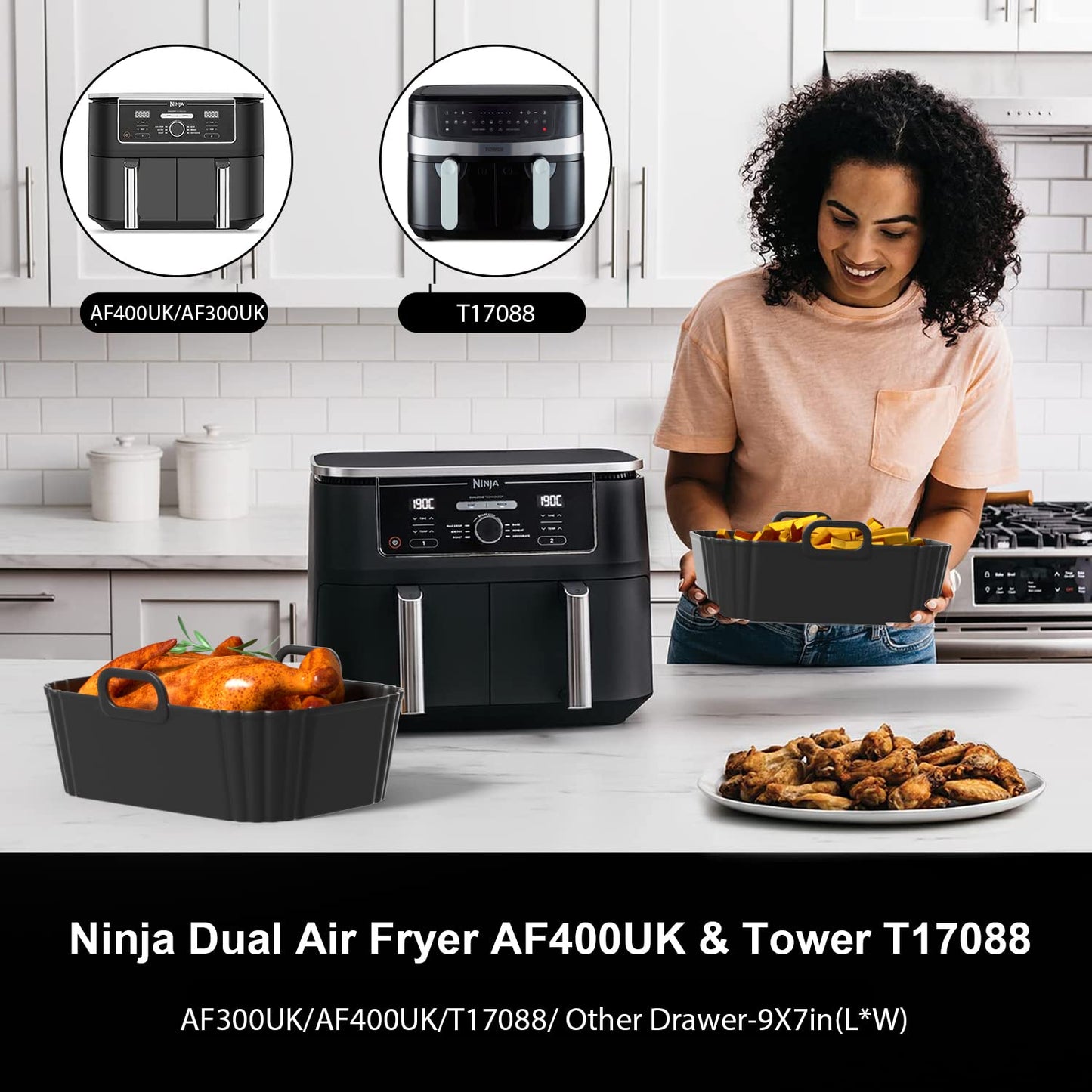 PINTAUR Silicone Air Fryer Liners 2 Pack, Reusable Liners Compatible for Ninja Foodi DZ201, DZ401, DZ550, COSORI, Chefman, Instant Air Fryer, and 6-in-1 8-10QT Air Fryer Baskets