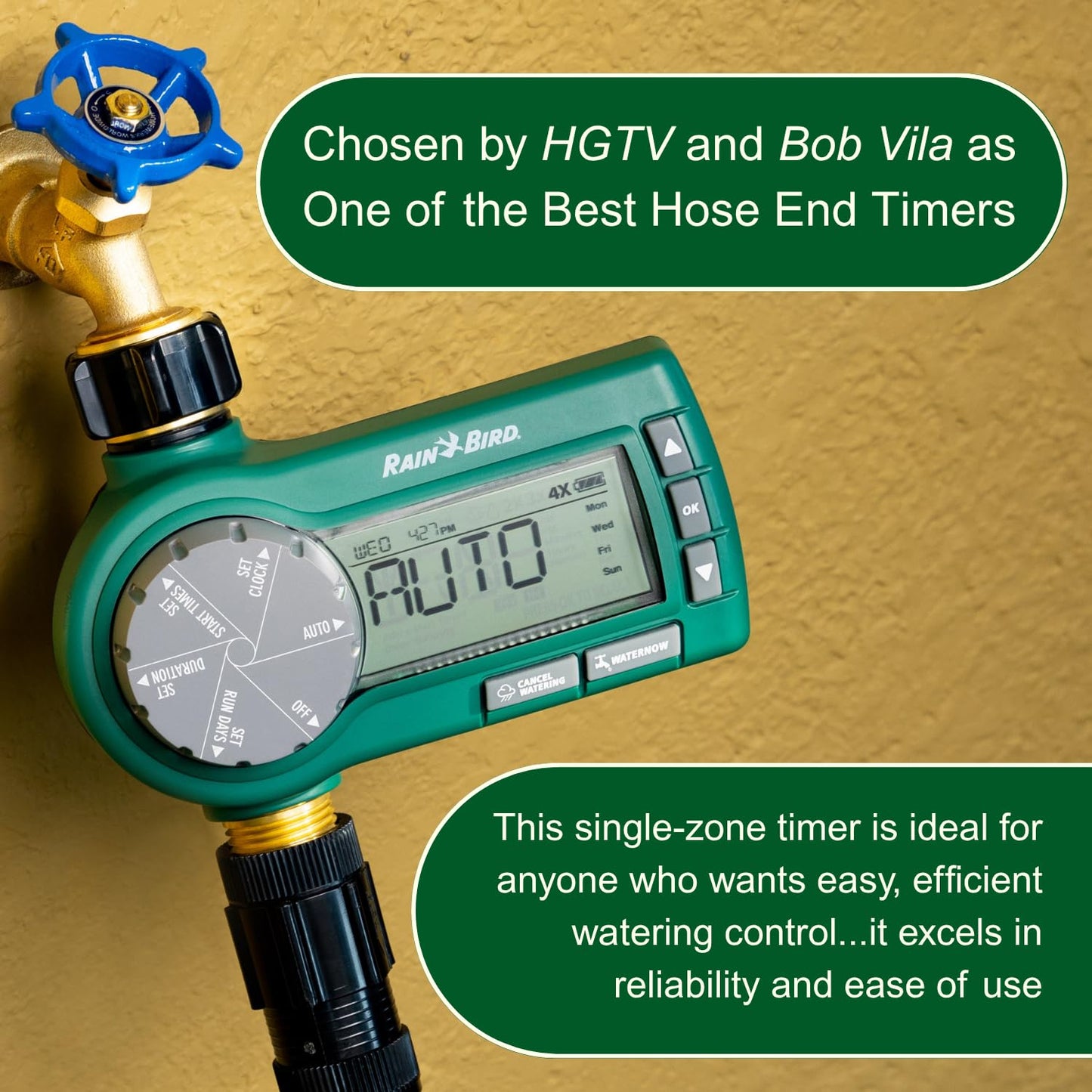 Rain Bird 1ZEHTMRP Premium Professional Grade Electronic Digital Hose End Timer/Controller, One Zone/Station, Battery Operated, Brass Inlet/Outlet