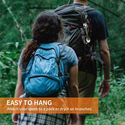 PSKOOK 5-in-1 Utility Tactical Spork, 2-Pack Stainless Steel Spoon & Bottle Opener, Fork & Knife, Can Opener Combo Camping Utensil for Hiking, Camping or Backpacking (Black & Matte Silver)