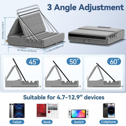 KDD Tablet Pillow Holder, Foldable iPad Stand for Lap, Bed and Desk -Tablet Soft Pad Dock with Pocket & Stylus Mount Compatible with iPad Pro 12.9, 10.5, 9.7 Air Mini 6 5 4 3, Galaxy Tab, E-Reader