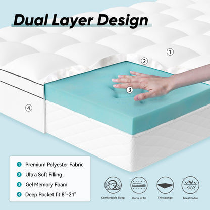 Memory Foam Mattress Topper Twin Size, Dual Layer 4 Inch Mattress Pad,2 Inch Gel Memory Foam Plus 2 Inch Pillow Top Cover with 8-21 Inch Deep Pocket