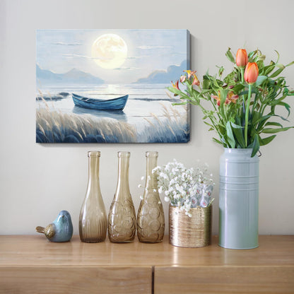 amatop Coastal Bathroom Wall Art Blue Beach Nautical Ocean Nature Canvas Picture with Boat Moon Lake Mountain Sea Relaxing Serene Landscape Gallery Wrapped Artwork for Modern Home Bedroom Decor 16x12