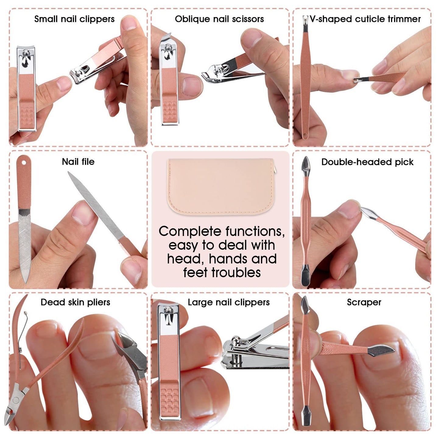 Nail Clippers and Beauty Tool Portable Set Manicure Set 12 in 1, with Pink Leather Bag, Suitable for Home, Workplace, Outdoor Travel, Gift Giving, Salon