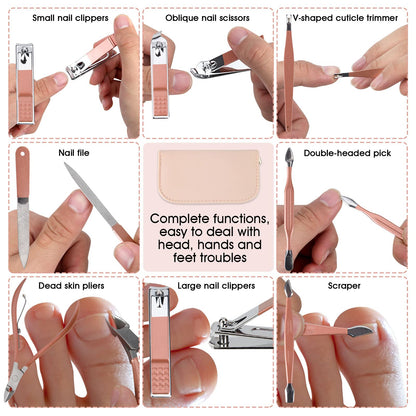 Nail Clippers and Beauty Tool Portable Set Manicure Set 12 in 1, with Pink Leather Bag, Suitable for Home, Workplace, Outdoor Travel, Gift Giving, Salon