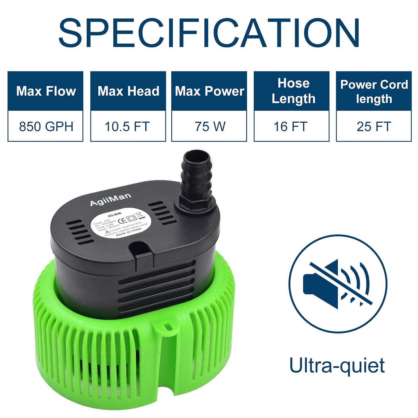 Pool Cover Pump above Ground - Submersible Water Sump Pump Swimming Water Removal Pumps, with Drainage Hose & 25 Feet Extra Long Power Cord, 850 GPH inGround, 3 Adapters