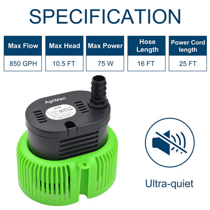 Pool Cover Pump above Ground - Submersible Water Sump Pump Swimming Water Removal Pumps, with Drainage Hose & 25 Feet Extra Long Power Cord, 850 GPH inGround, 3 Adapters