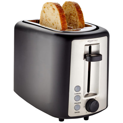 Amazon Basics 2 Slice Toaster, With 6 Browning Settings, Extra Wide Slots For Bagels and Special Breads, Removable Easy-to-Clean Crumb Tray, Cancel/Defrost/Bagel Buttons, 900W, Black & Silver