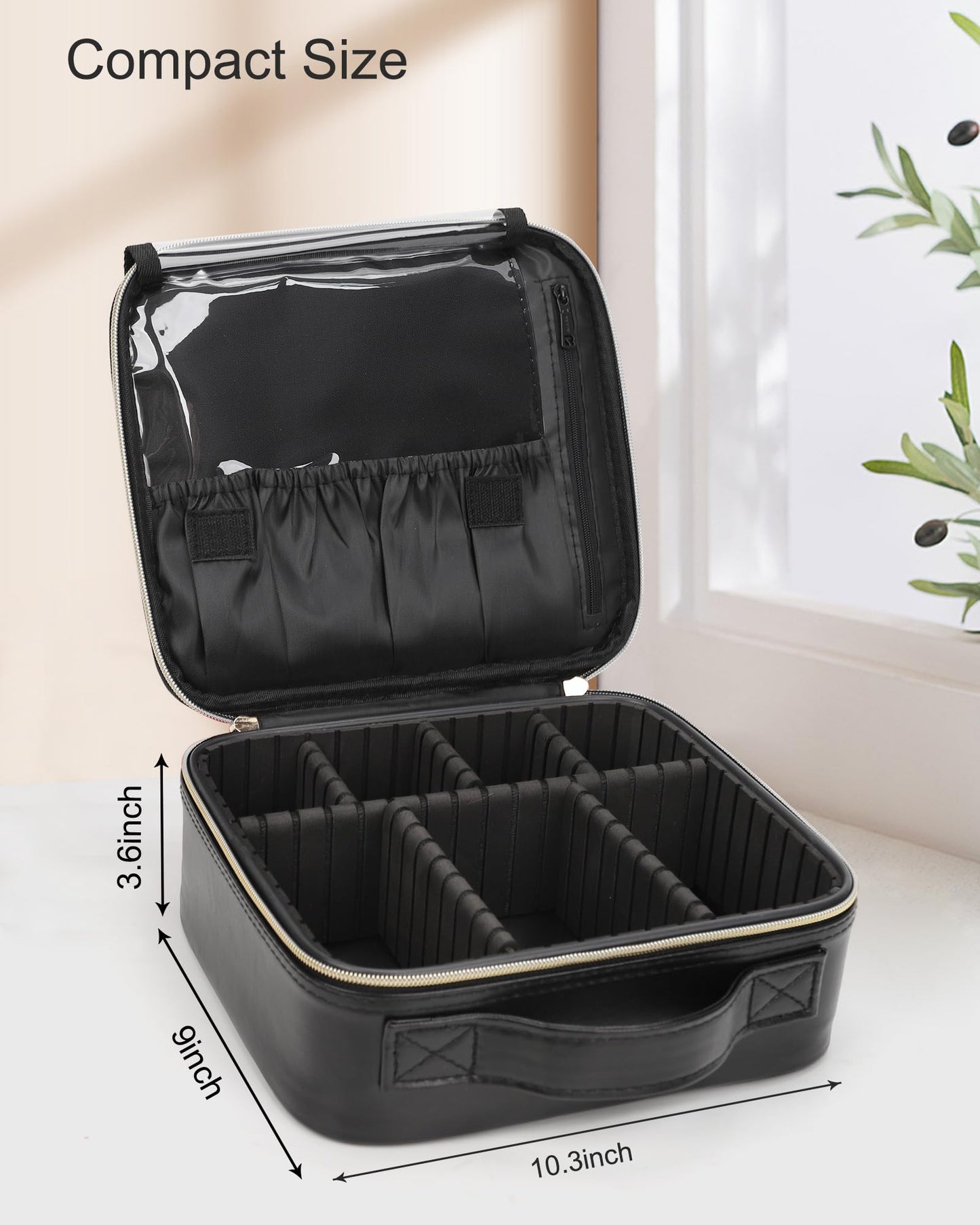 Relavel Makeup Bag, Travel Cosmetic Train Case Organizer Portable Artist Storage Bag with Adjustable Dividers for Cosmetics Makeup Brushes Toiletry Jewelry Digital Accessories Quilted Leather Black