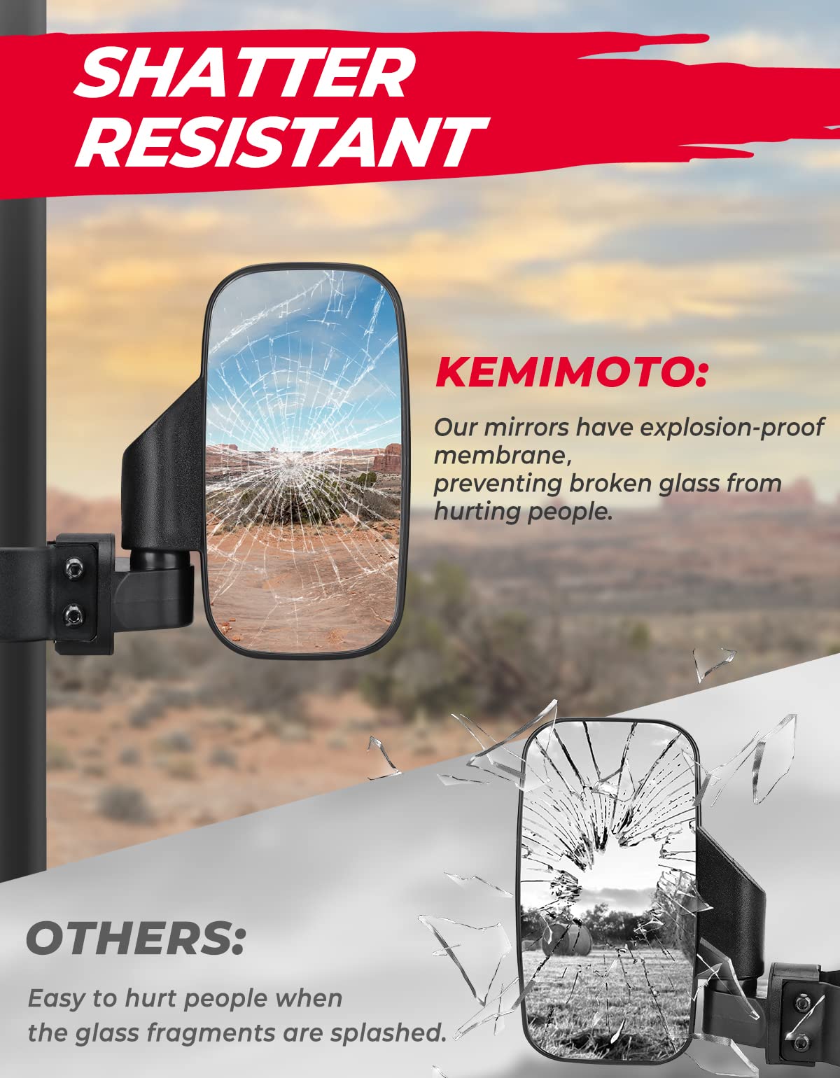 KEMIMOTO UTV Mirrors UTV Side Mirrors Fits 1.6 inch to 2 inch Roll Cage Compatible with Polaris RZR 900 1000 Can Am Kawasaki Mule Rhino YXZ Zforce Pioneer 1000/700, Shatter Proof Tempered Glass