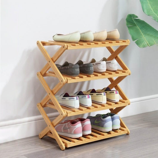 Glsety 4 Tier Bamboo Shoe Rack,Portable Folding Shoe Storage Rack,Without Installation Small Shoe Rack Perfect for Corridors, Bedrooms and Small Spaces (4 Tier)