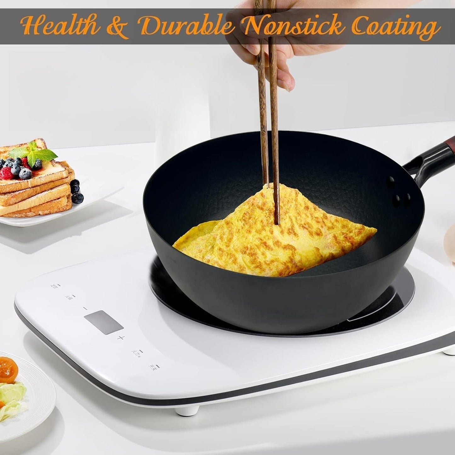 ANEDER Frying Pan with Lid Skillet Nonstick 10 inch Carbon Steel Wok Pan Woks and Stir Fry Pans for Electric,Induction and Gas Stoves