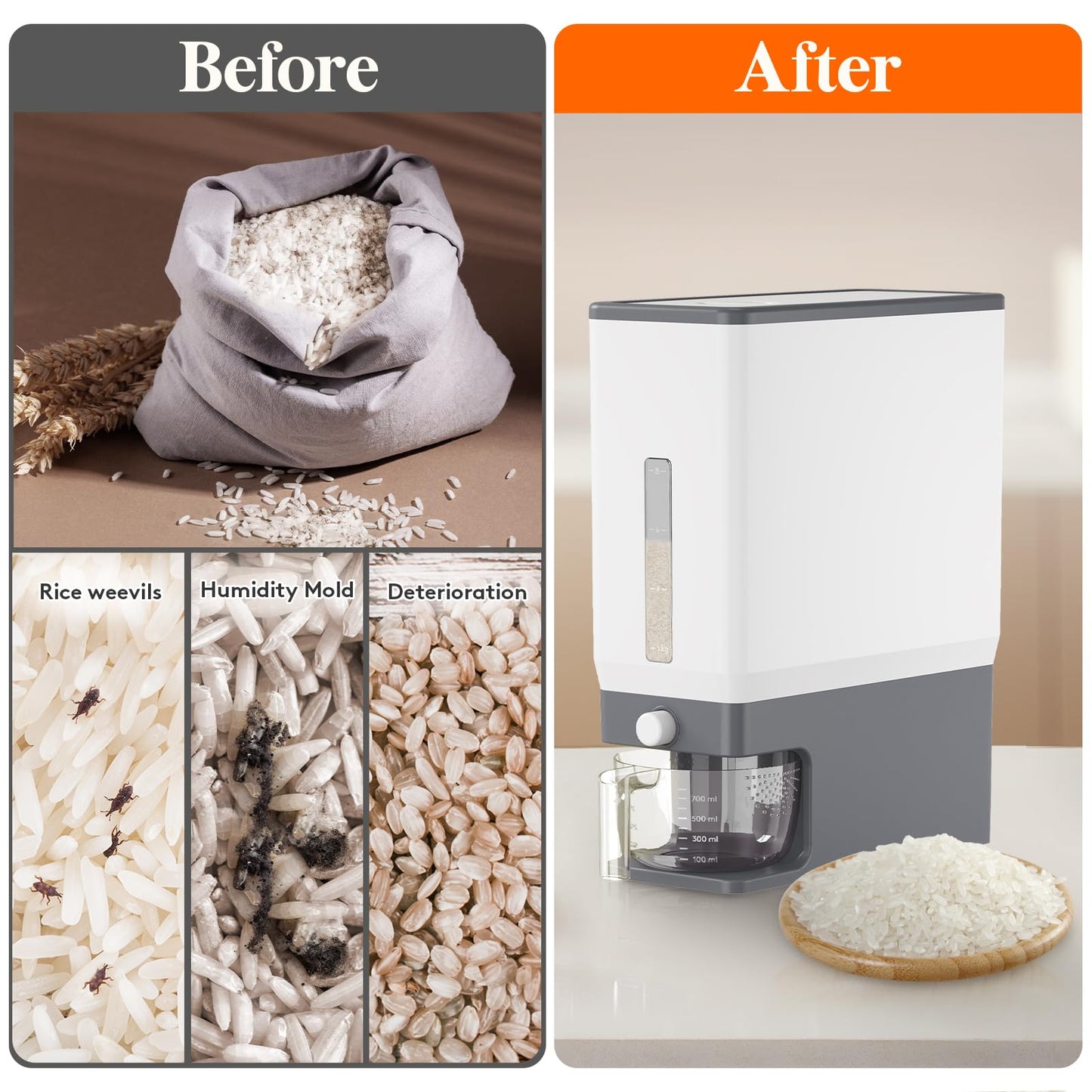 Lifewit Rice Dispenser 25 Lbs(11.3kg), Rice Storage Container Sealed Moisture Proof with Measuring Cup for Kitchen Pantry Household, BPA-Free