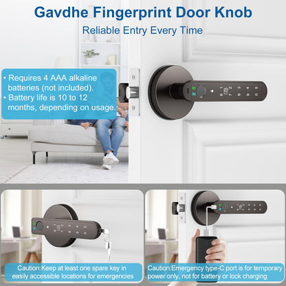 Gavdhe Fingerprint Door Lock Smart Fingerprint Door Knob with Keyless Entry Biometric Door Lock with Keypad App Control Easy Installation for Home Bedroom Office(Starry Grey)