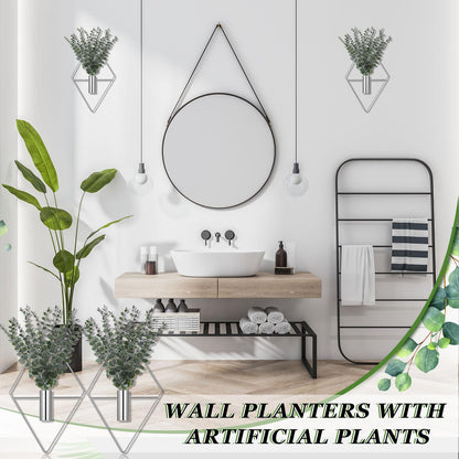 Jexine Hanging Planters with Artificial Eucalyptus Metal Hanging Vase Indoor Plants Holder Modern Geometric Boho Bathroom Wall Decor for Living Room Home Office(Chrome Sliver,4 Pcs)
