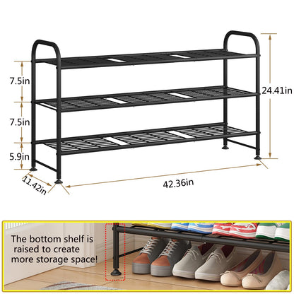 LINZINAR Shoe Rack 3 Tier Long Metal Shoe Organizer for Closet Entryway Black
