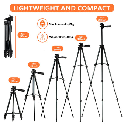 Laser Level Tripod Phone Stand: 51-Inch Aluminum Lightweight Tripod with 1/4" Screw Mount, Phone Holder and Bubble Level for iPhone and Line Lasers Measuring Tools, Carry Bag Included | Matte Black