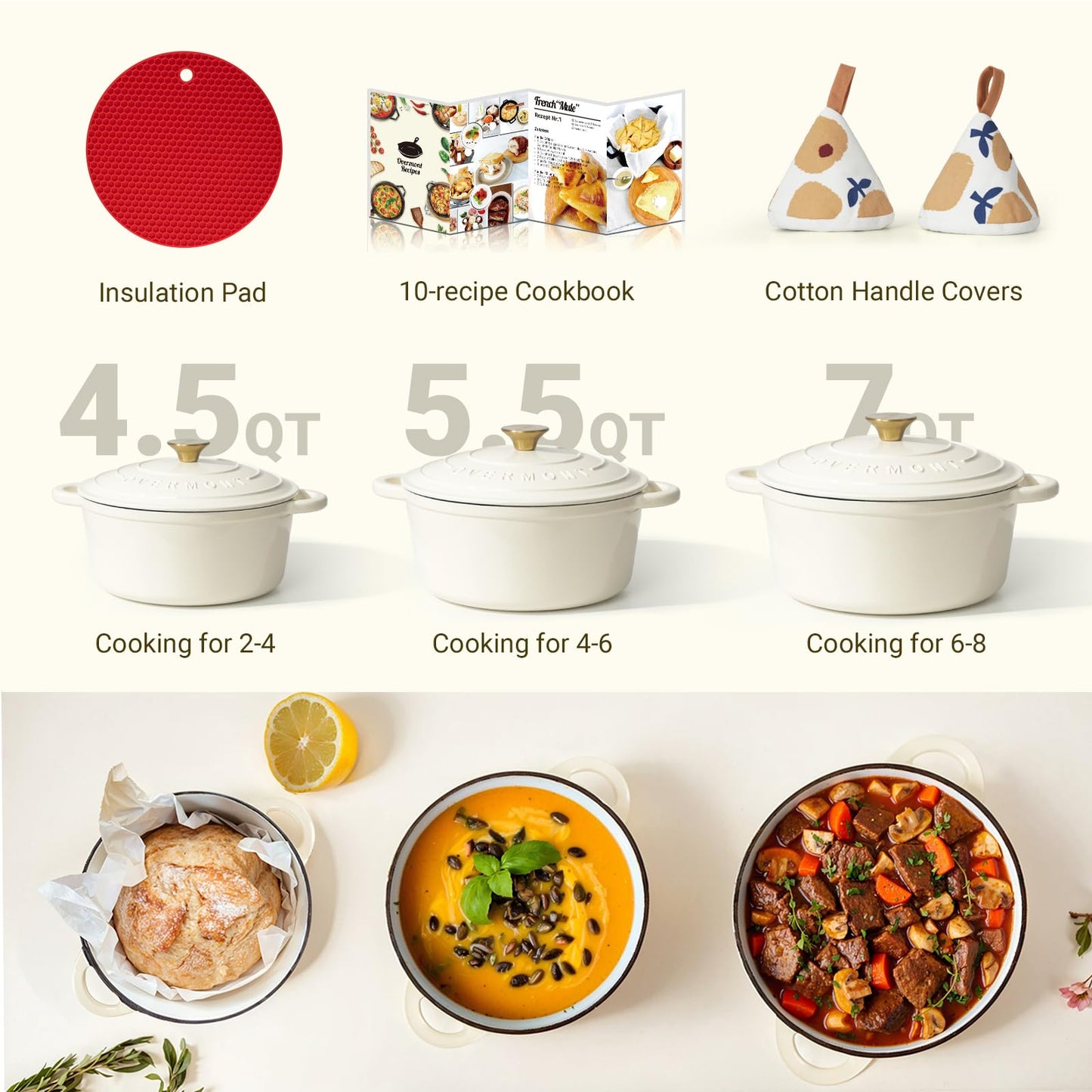 Overmont Enameled Cast Iron Dutch Oven - 5.5QT Pot with Lid Cookbook & Cotton Potholders - Heavy-Duty Cookware for Braising, Stews, Roasting, Bread Baking white