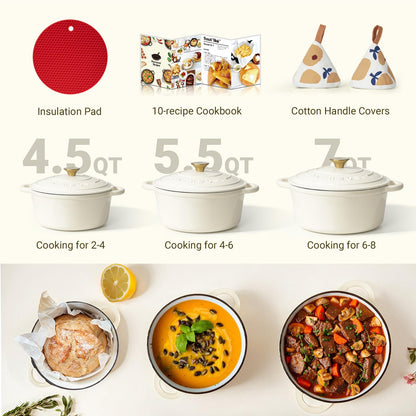 Overmont Enameled Cast Iron Dutch Oven - 5.5QT Pot with Lid Cookbook & Cotton Potholders - Heavy-Duty Cookware for Braising, Stews, Roasting, Bread Baking white