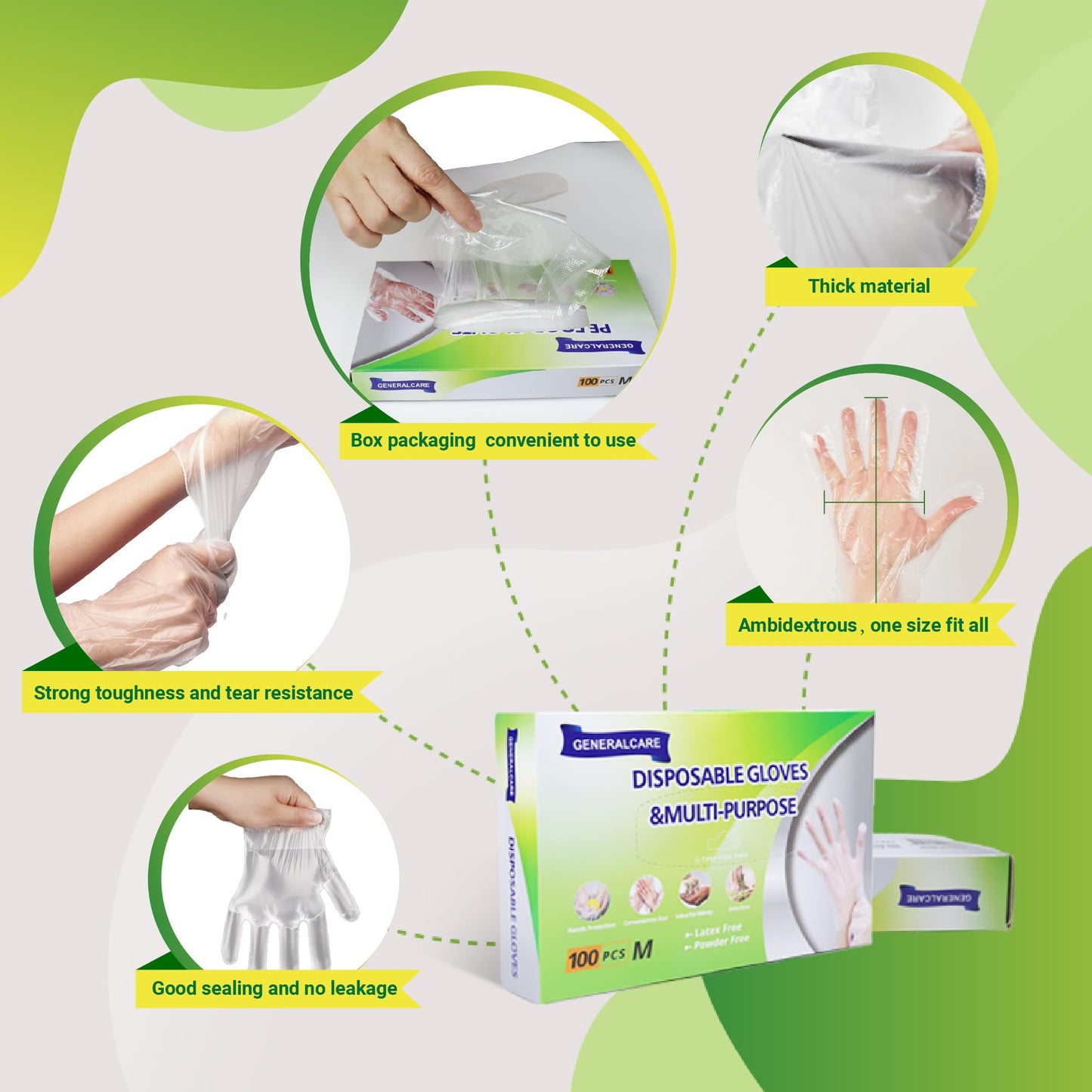 GENERALCARE 100 Pcs Disposable Plastic Gloves Food Handling Service Gloves Disposable for Cooking Kitchen Cleaning Food Prep Safe Restaurant Dye Universal Size