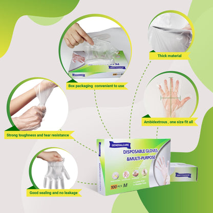 GENERALCARE 100 Pcs Disposable Plastic Gloves Food Handling Service Gloves Disposable for Cooking Kitchen Cleaning Food Prep Safe Restaurant Dye Universal Size
