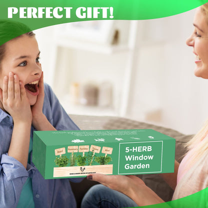 Meekear 5 Herb Seeds Garden Starter Kit with Complete Planting Kit & Wooden Flower Box, Growing into Basil, Parsley, Rosemary, Thyme, Mint for Kitchen Windowsill Herb Garden DIY