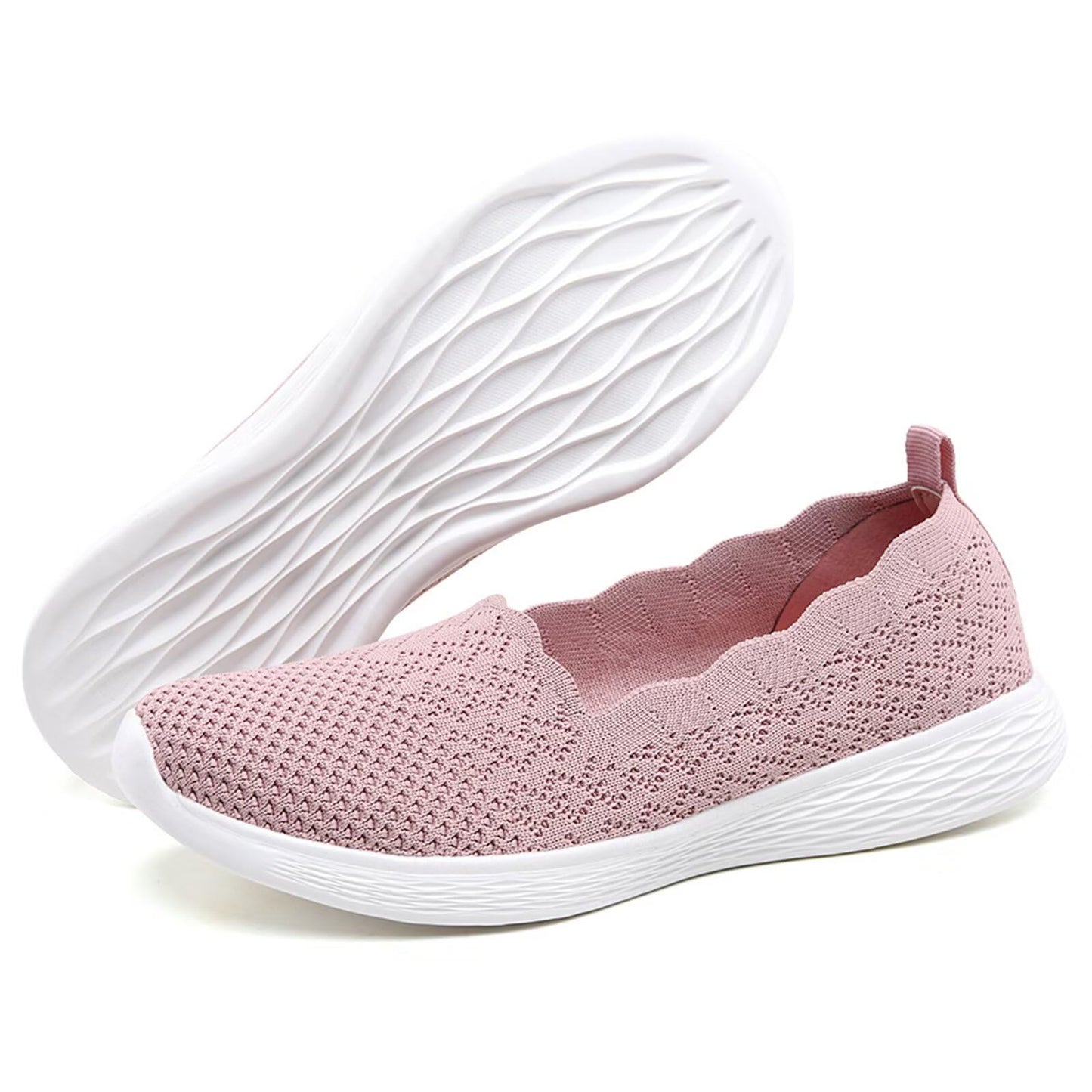 poemlady Women's Slip on Loafer Shoes - Mesh Casual Ballet Flat Nurse Walking Sneakers Knit Round Toe Casual Low Wedge Memory Foam Shoes, 1905 B/Pink 8.5