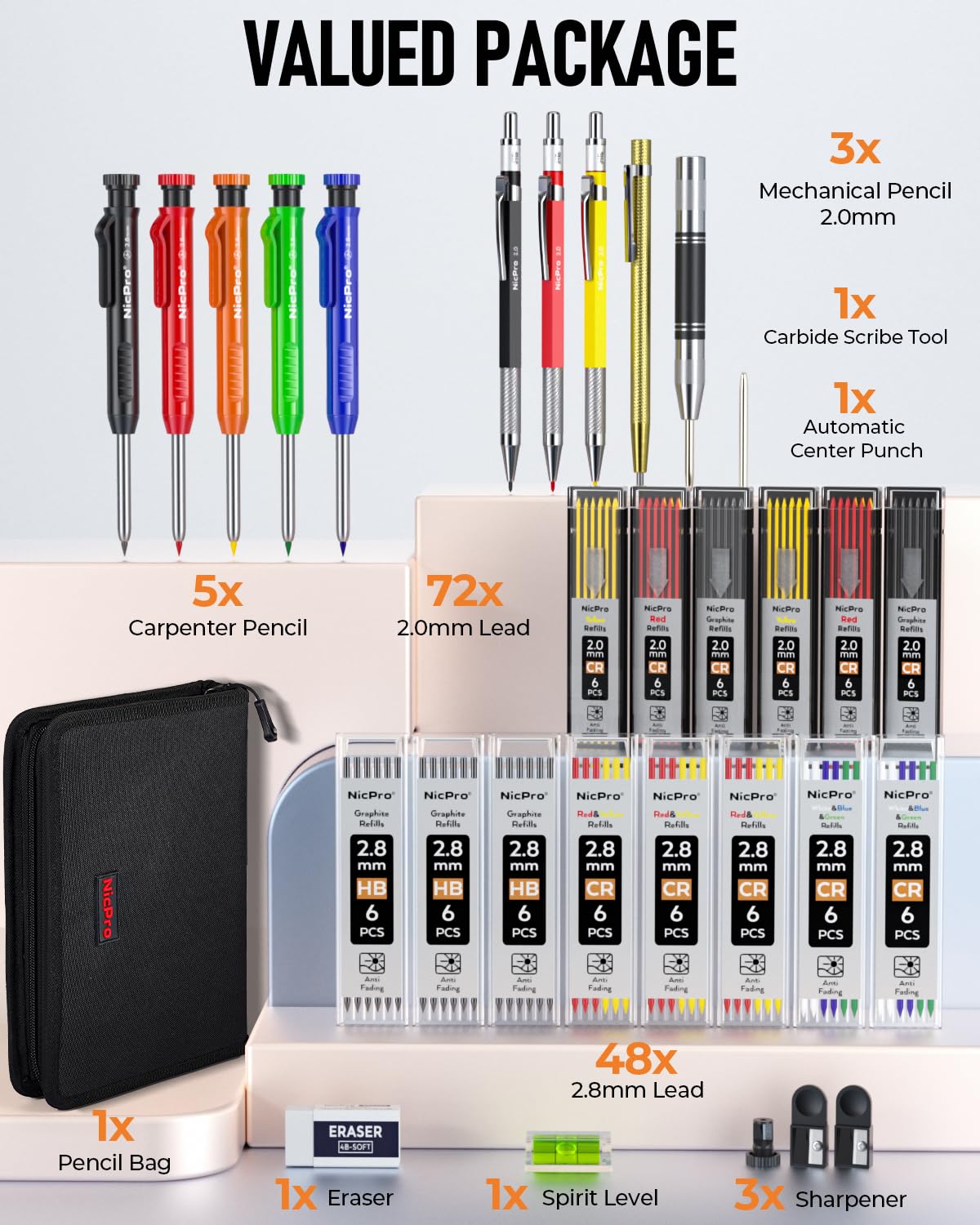 Nicpro 31 Pack Carpenter Pencil Set with Sharpener, Mechanical Carpenter Pencils with 128PCS Refills and Carbide Scribe Tool, Heavy Duty Construction Pencils for Architect Woodworking-With Canvas Case