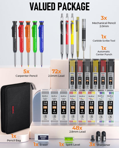 Nicpro 31 Pack Carpenter Pencil Set with Sharpener, Mechanical Carpenter Pencils with 128PCS Refills and Carbide Scribe Tool, Heavy Duty Construction Pencils for Architect Woodworking-With Canvas Case