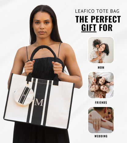 Initial Canvas Tote Bag - Embroidered Letter Beach Bag, Monogrammed Personalized Gift Bag For Women, Make Up Purse