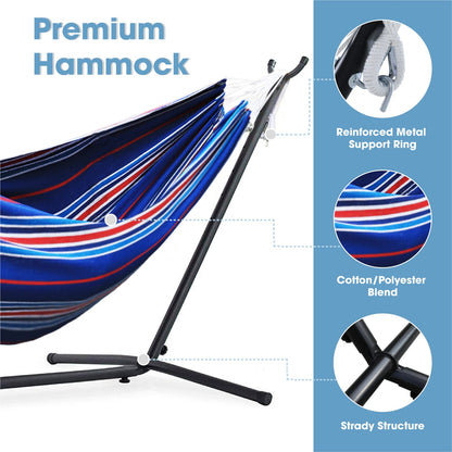 OUTDOOR WIND 550lbs Capacity Double Hammock Adjustable Hammock Bed with 10ft Heavy Duty Steel Stand Includes Portable Carrying Case, Easy Set up Blue Pinstrip B