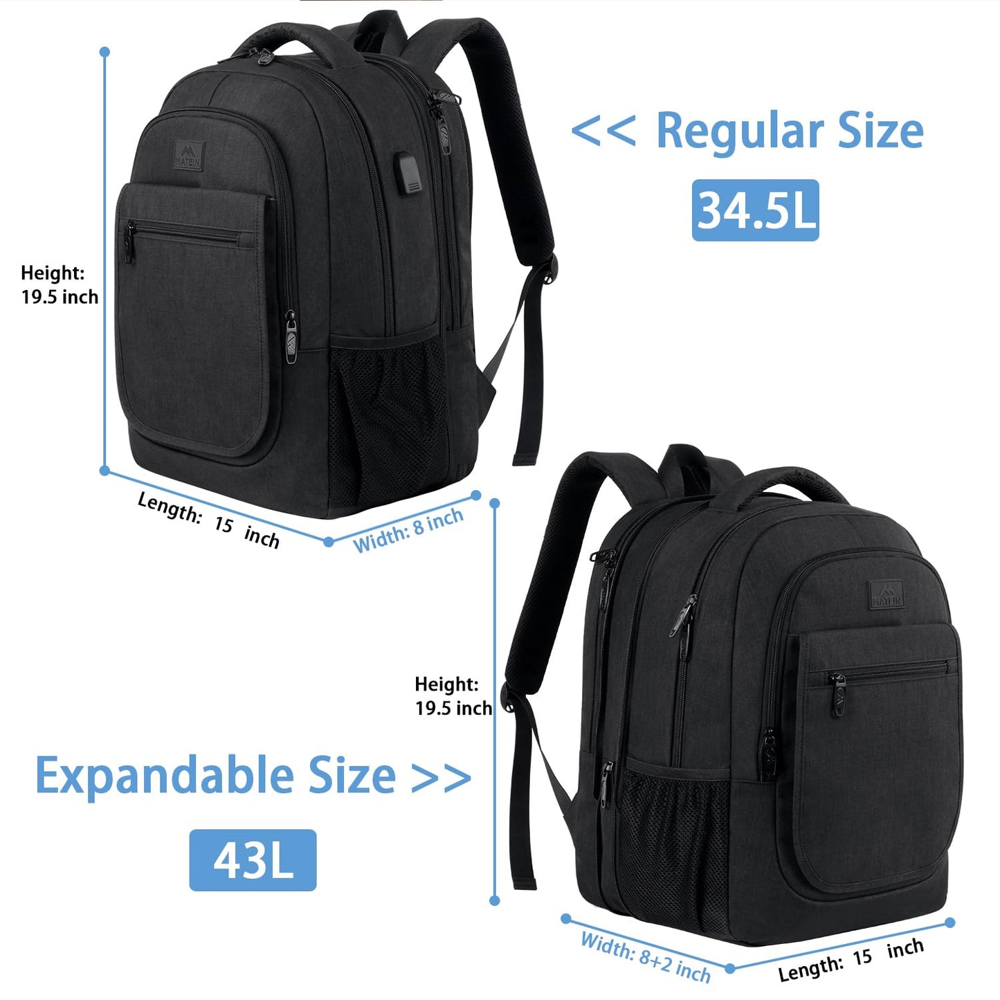 MATEIN College Large Travel Backpack, TSA Expandable Laptop Backpack with USB Charging Port, Anti Theft Computer Bag Fit 17.3 Inch Laptop Water Resistant College Computer Bag Gift for Men Women, Black