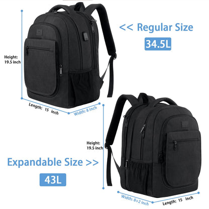 MATEIN College Large Travel Backpack, TSA Expandable Laptop Backpack with USB Charging Port, Anti Theft Computer Bag Fit 17.3 Inch Laptop Water Resistant College Computer Bag Gift for Men Women, Black