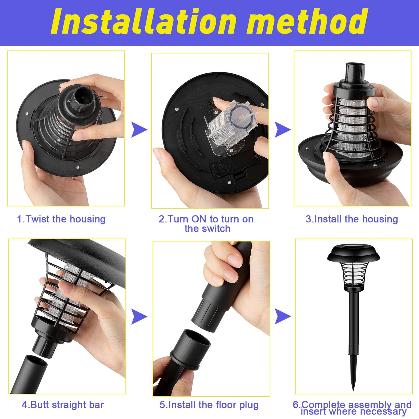 Qualirey 4 Pcs Solar Bug Zapper Waterproof Outdoor Mosquito Zapper Killer and Lighting Repellent Lamp for Indoor Outdoor Use Garden Patio, Purple and White Light(Plastic,Black)