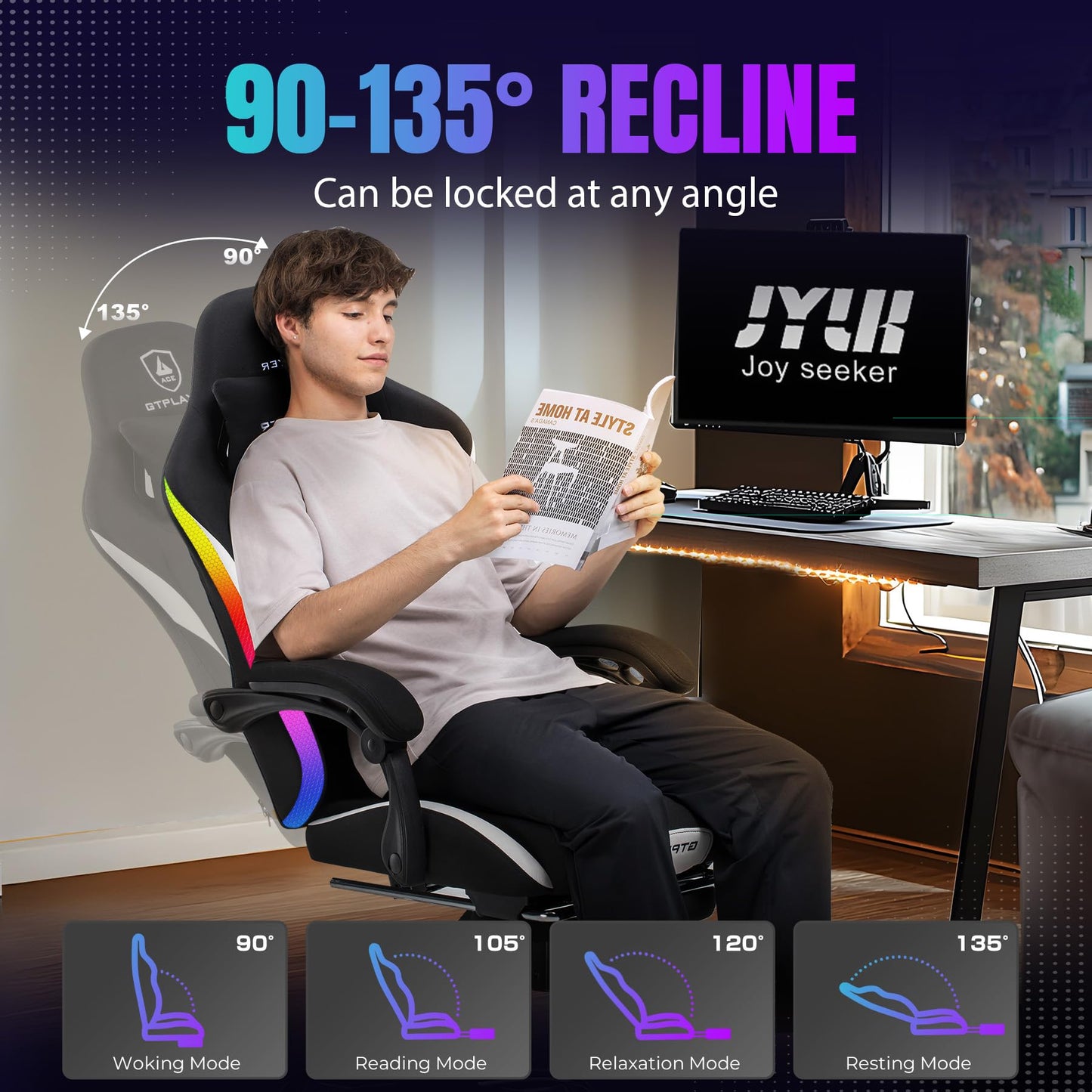 GTRACING Gaming Chair with Foot Rest & Racing Style RGB LED Lights, Breathable Fabric for Home Office Desk, Ergonomic High Back Computer Chair with Headrest & Lumbar Support, RGB Black